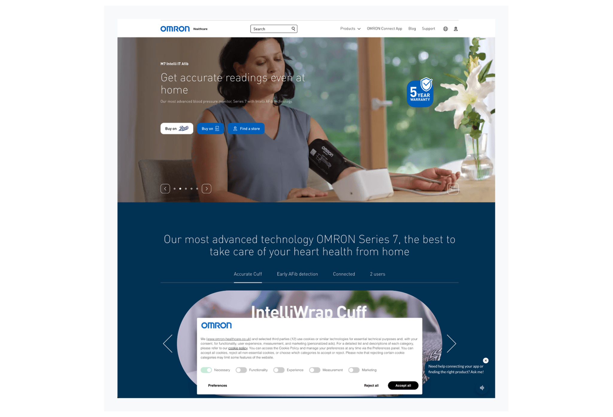 Consent banner της iubenda σε website της OMRON Healthcare